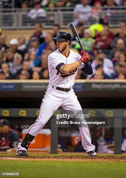 Jordan Schafer of the Minnesota Twins bats against the Detroit Tigers on April 28, 2015 at Target Field in Minneapolis, Minnesota. The Twins defeated...