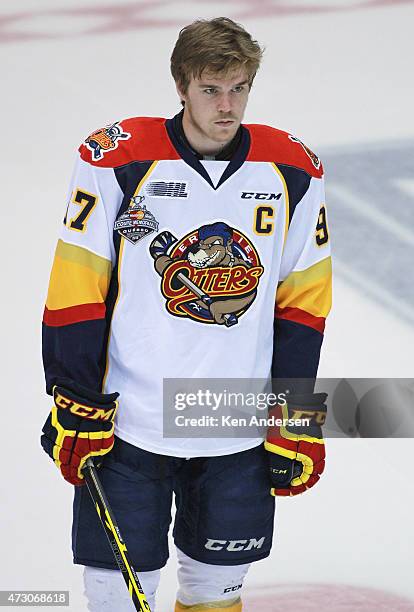 Connor McDavid of the Erie Otters stands during the anthem prior to play against the Oshawa Generals in Game Two of the Robertson Cup OHL...