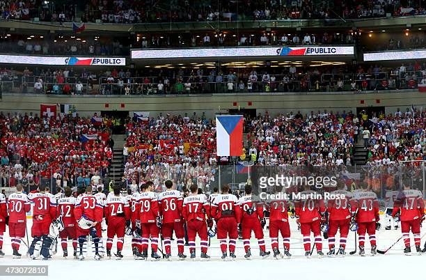 Team members of Czech Republic celebrate victory over Switzerland after the IIHF World Championship group A match between Czech Republic and...