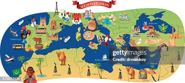 mediterranean cartoon map - lisbon food stock illustrations