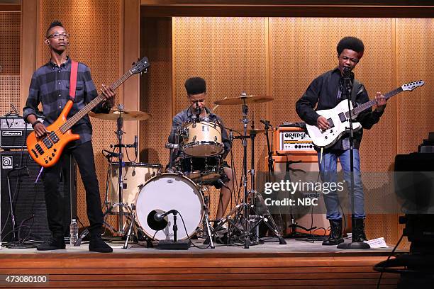 Episode 0261 -- Pictured: Alec Atkins, Jarad Dawkins and Malcolm Brickhouse of Unlocking The Truth perform with The Roots on May 12, 2015 --