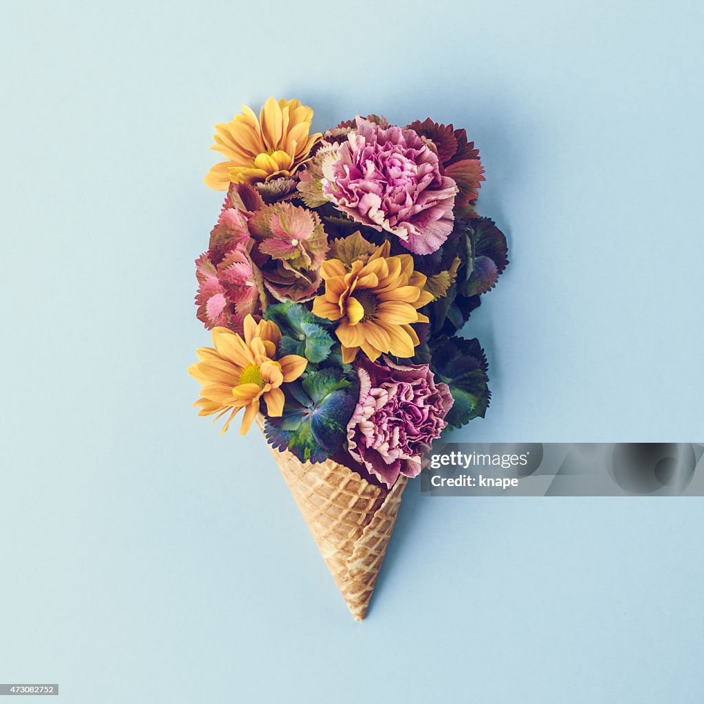 Frische Blumen in ice cream cone Stillleben