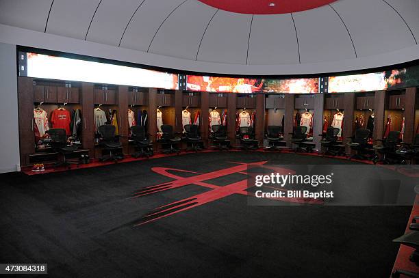 The Houston Rockets locker room before facing off against the Los Angeles Clippers for Game Five of the Western Conference Semifinals during the NBA...