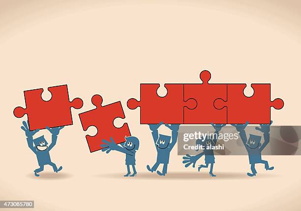 group of businessmen and businesswomen holding (assembling) jigsaw puzzle pieces - five people stock illustrations