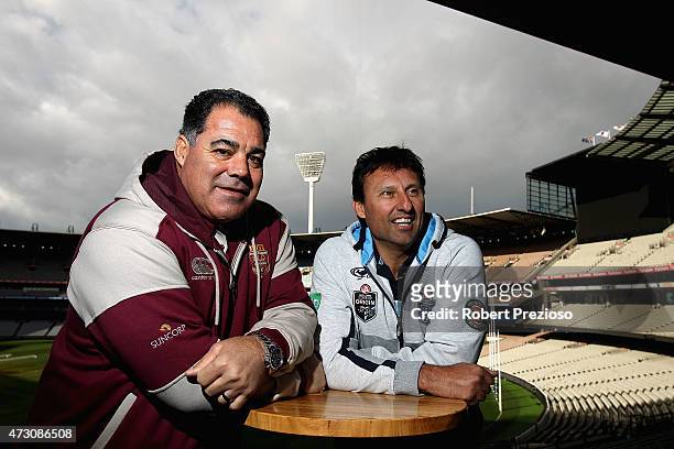 Queensland maroons coach Mal Meninga and NSW blues coach Laurie Daley pose for photos during a State of Origin media opportunity at Melbourne Cricket...