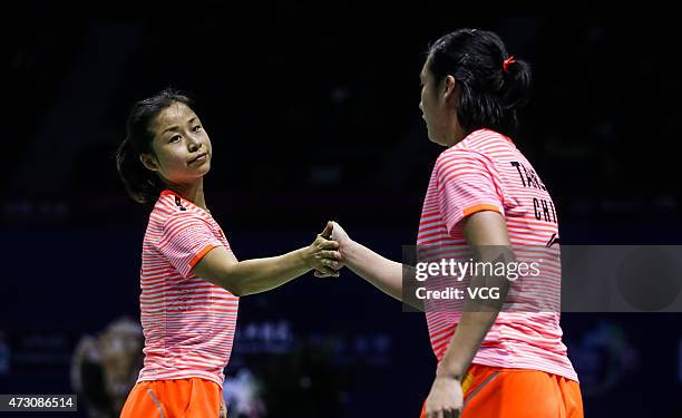 Ma Jin and Tang Yuanting of China competes against Vu Thi Trang and Nguyen Thi Sen of Thailand on day three of 2015 Sudirman Cup BWF World Mixed Team...