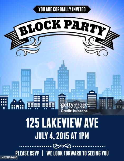 summer block party picnic invitation with city skyline background - borough district type stock illustrations