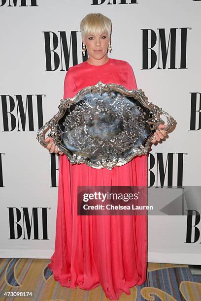 Honoree P!nk poses with the BMI President's Award during the 63rd Annual BMI Pop Awards held at the Beverly Wilshire Hotel on May 12, 2015 in Beverly...