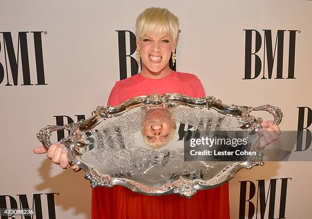 Honoree P!nk poses with the BMI President's Award during the 63rd Annual BMI Pop Awards held at the Beverly Wilshire Hotel on May 12, 2015 in Beverly...
