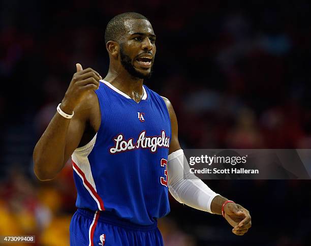 Chris Paul of the Los Angeles Clippers reacts after a play against the Houston Rockets during Game Five of the Western Conference Semifinals at the...