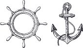 Hand drawn illustration of an anchor and a steering wheel