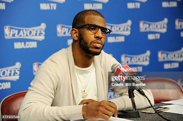 Chris Paul of the Los Angeles Clippers speaks to press after the loss against the Houston Rockets for Game Five of the Western Conference Semifinals...