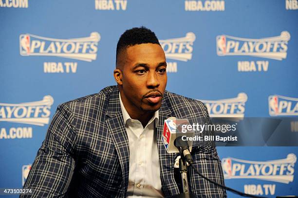 Dwight Howard of the Houston Rockets speaks to press after the win against the Los Angeles Clippers for Game Five of the Western Conference...