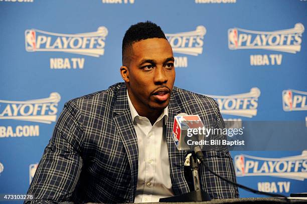 Dwight Howard of the Houston Rockets speaks to press after the win against the Los Angeles Clippers for Game Five of the Western Conference...