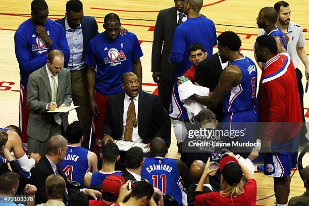 Head coach Doc Rivers of the Los Angeles Clippers talks with his team in Game Five of the Western Conference Semifinals against the Houston Rockets...