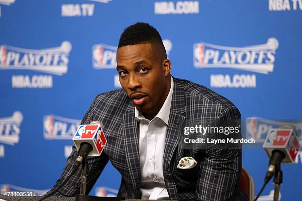 Dwight Howard of the Houston Rockets speaks during the post game press conference after Game Five of the Western Conference Semifinals against the...