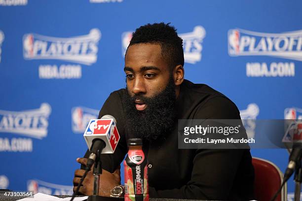 James Harden of the Houston Rockets speaks during the post game press conference after Game Five of the Western Conference Semifinals against the Los...
