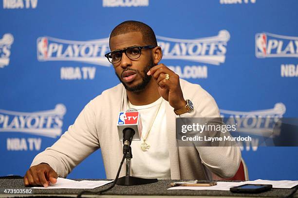 Chris Paul of the Los Angeles Clippers speaks during the post game press conference after Game Five of the Western Conference Semifinals against the...