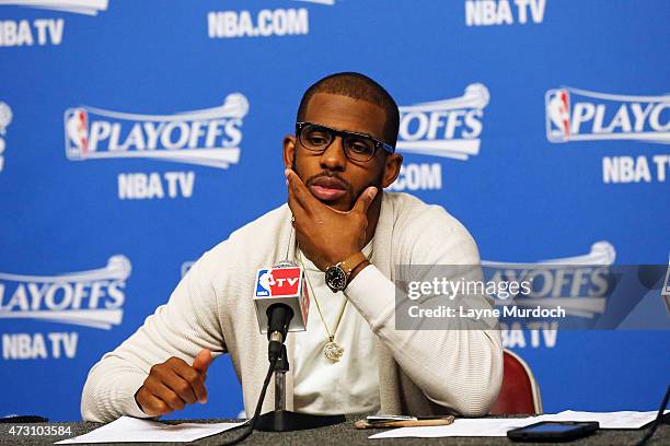 Chris Paul of the Los Angeles Clippers speaks during the post game press conference after Game Five of the Western Conference Semifinals against the...