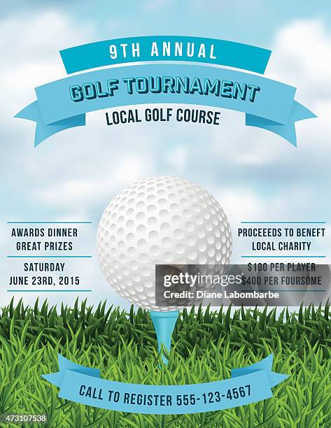 ilustrações de stock, clip art, desenhos animados e ícones de torneio de golfe convite flyer com grama e bola - golf