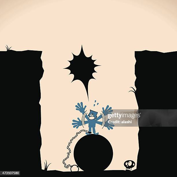 stockillustraties, clipart, cartoons en iconen met businessman being trapped with ball and chain at the cliff - ketenen