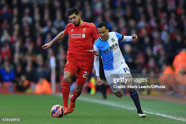 Marcus Olsson of Blackburn battles with Emre Can of Liverpool during the FA Cup Quarter Final match between Liverpool and Blackburn Rovers at Anfield...