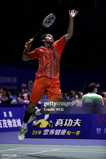 Kashyap Parupalli of India returns to Son Wan Ho of Korea during Men's Singles match on day four of 2015 Sudirman Cup BWF World Mixed Team...