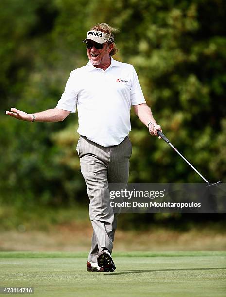Miguel Angel Jimenez of Spain makes a joke with his playing partners during the Open de Espana ProAm held at Real Club de Golf el Prat on May 13,...