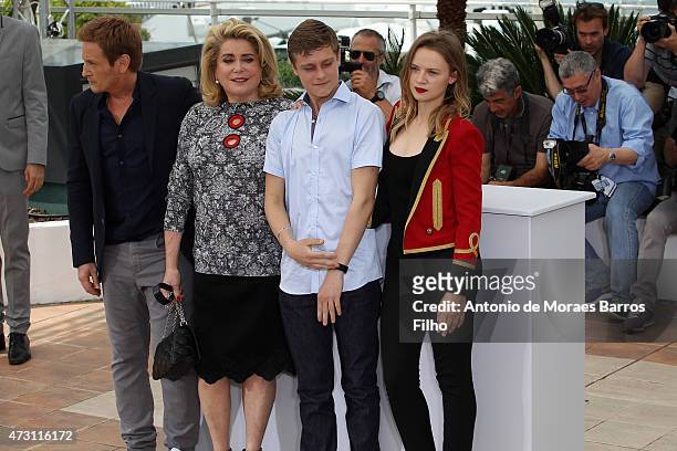 Benoit Magimel; Catherine Deneuve; Rod Paradot;; Sara Forestier attend the "La Tete Haute" photocall during the 68th annual Cannes Film Festival on...