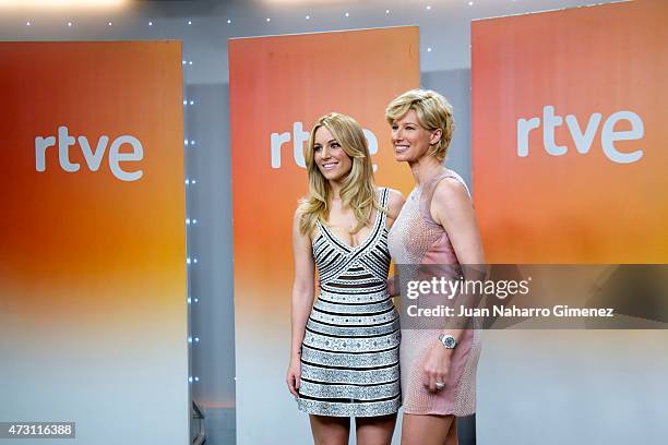 Spanish singer Edurne and Anne Igartiburu attend a press conference before Eurovision Gala at Torrespana on May 13, 2015 in Madrid, Spain.