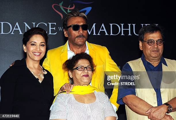 Indian Bollywood actors Madhuri Dixit Nene , Jackie Shroff , choreographer Saroj Khan and film director Subhash Ghai pose for a photograph during a...