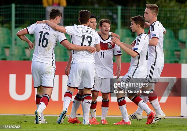 Germany U17 players celebrate the goal of Görkem Saglam during the UEFA European Under-17 Championship match between Germany U17 and Czech Republic...