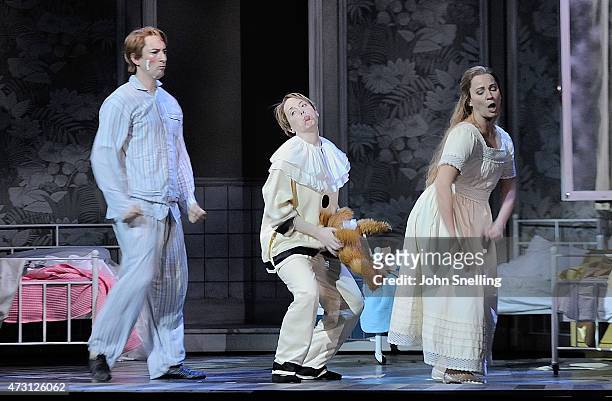 Peter Pan the Opera at the Welsh National Opera with Nicholas Sharratt as John Rebecca Bottone as Michael and Marie Arnet as Wendy on May 12, 2015 in...