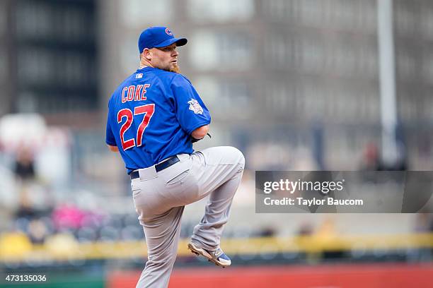 Phil Coke of the Chicago Cubs pitches during the game against the Pittsburgh Pirates at PNC Park on Thursday, April 23, 2015 in Pittsburgh,...