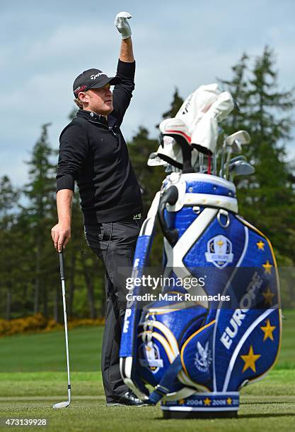 Jamie Donaldson of Wales recreates his famous pitching wedge shot into the 15th green before unveiling the Ryder Cup Moment of Victory Plaque on the...