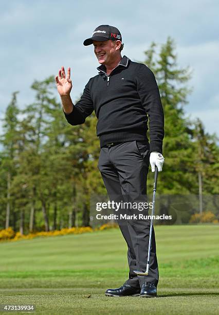 Jamie Donaldson of Wales recreates his famous pitching wedge shot into the 15th green before unveiling the Ryder Cup Moment of Victory Plaque on the...