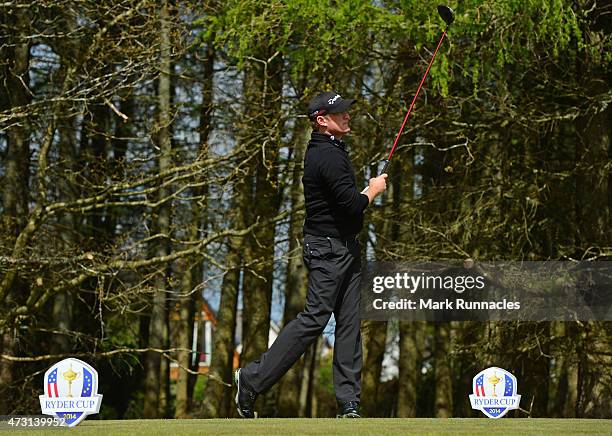 Jamie Donaldson of Wales plays the 15th hole tee to green before unveiling the Ryder Cup Moment of Victory Plaque on the 15th fairway on the The...