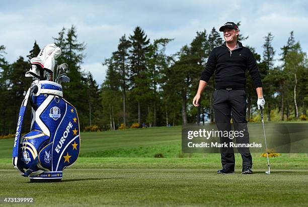 Jamie Donaldson of Wales recreates his famous pitching wedge shot into the 15th green before unveiling the Ryder Cup Moment of Victory Plaque on the...