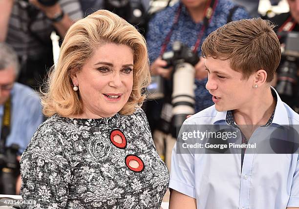 Actress Catherine Deneuve and Rod Paradot attends the "La Tete Haute photocall during the 68th annual Cannes Film Festival on May 13, 2015 in Cannes,...