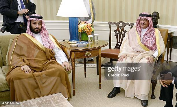 Crown Prince Mohammed bin Nayef and Deputy Crown Prince Mohammed bin Salman of Saudi Arabia look on during a bilateral meeting with U.S President...