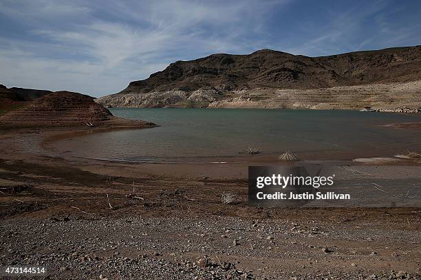 Low water levels are visible near the abandoned Echo Bay Marina on May 12, 2015 in Lake Mead National Recreation Area, Nevada. As severe drought...