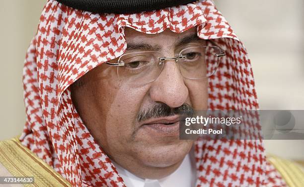 Crown Prince Mohammed bin Nayef of Saudi Arabia looks on in the Oval Office at the White House May 13, 2015 in Washington, DC. The Saudi delegation...