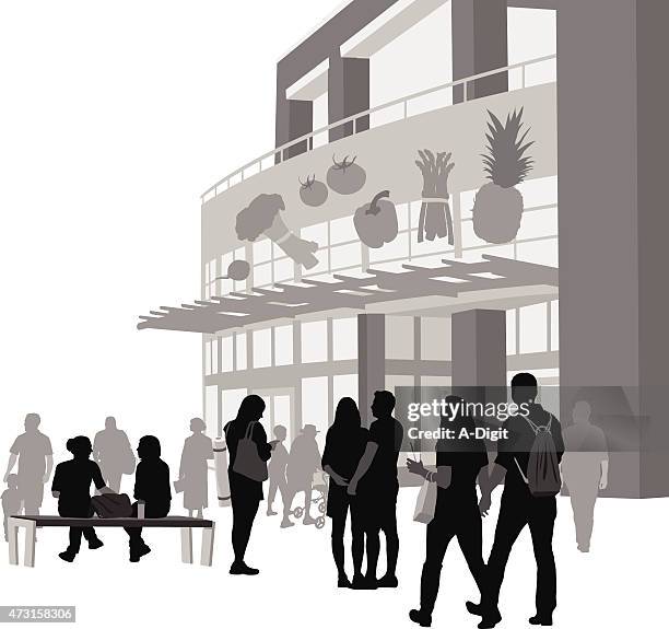 stockillustraties, clipart, cartoons en iconen met food market - entrance building people