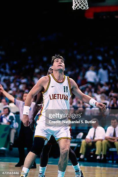 Arvydas Sabonis of the Lithuanian Mens Olympic Basketball Team guards his position circa 1996 during the 1996 Summer Olmpyics at the Georgia Dome in...