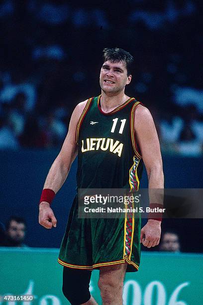 Arvydas Sabonis of the Lithuanian Mens Olympic Basketball Team stands on the court circa 1996 during the 1996 Summer Olmpyics at the Georgia Dome in...