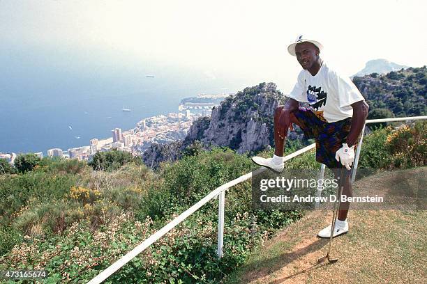 Michael Jordan of the U.S. Mens Olympic Basketball Team poses for a picture while playing golf circa 1992 during the 1992 Summer Olympics in...