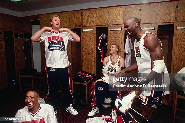 Scottie Pippen, Larry Bird, Chris Mullen, and Michael Jordan of the U.S. Mens Olympic Basketball Team in the locker room circa 1992 during the 1992...