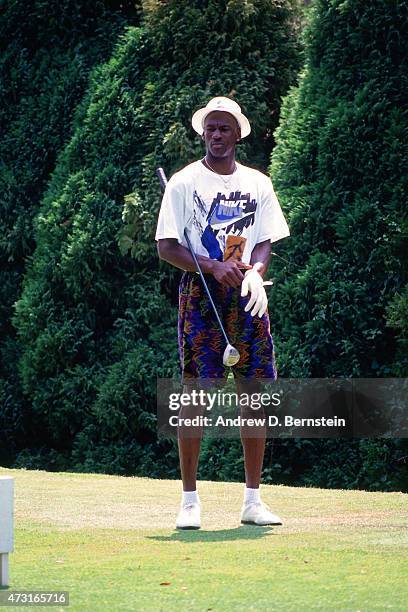 Michael Jordan of the U.S. Mens Olympic Basketball Team plays golf circa 1992 during the 1992 Summer Olympics in Barcelona, Spain. NOTE TO USER: User...