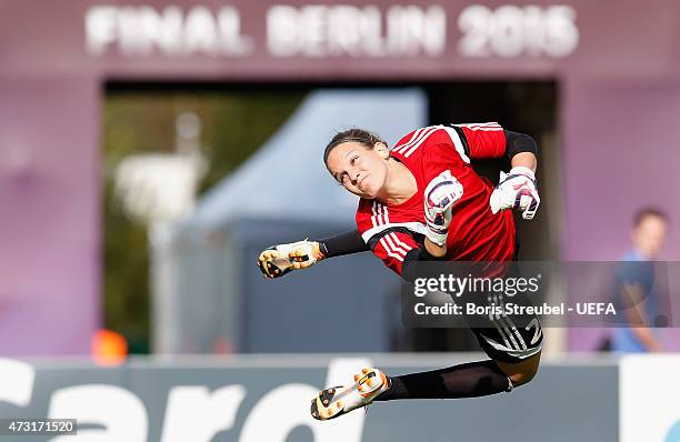 Goalkeeper Desiree Schumann of Frankfurt saves a ball during the training session a day before the UEFA Women's Champions League Final match between...