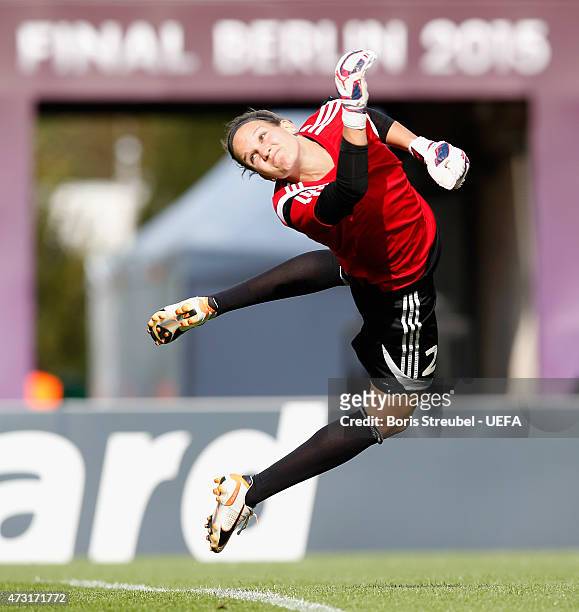 Goalkeeper Desiree Schumann of Frankfurt saves a ball during the training session a day before the UEFA Women's Champions League Final match between...